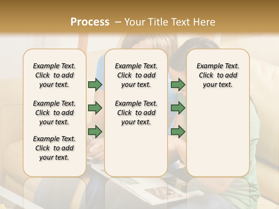 Two Women Sitting On A Couch Looking At A Magazine PowerPoint Template