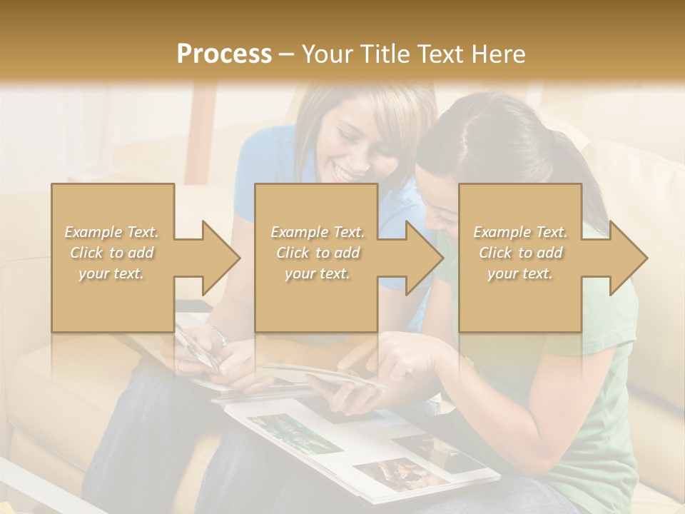 Two Women Sitting On A Couch Looking At A Magazine PowerPoint Template