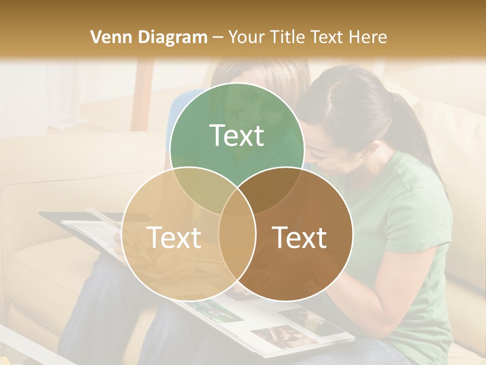 Two Women Sitting On A Couch Looking At A Magazine PowerPoint Template