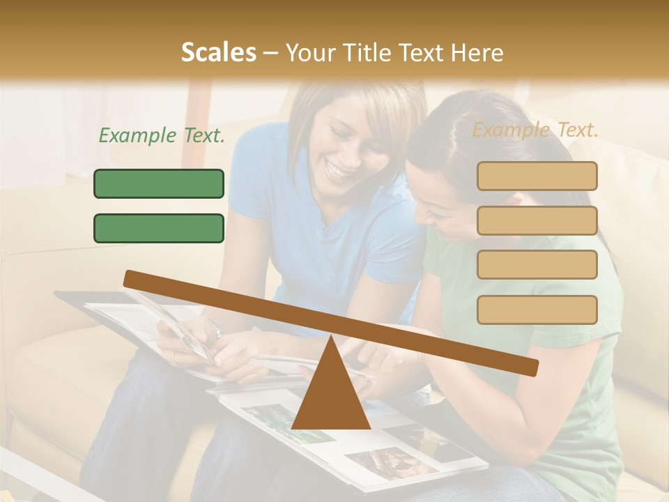 Two Women Sitting On A Couch Looking At A Magazine PowerPoint Template