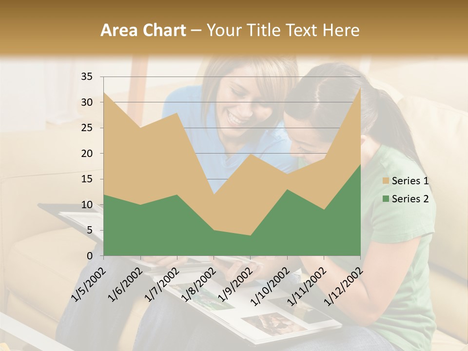 Two Women Sitting On A Couch Looking At A Magazine PowerPoint Template