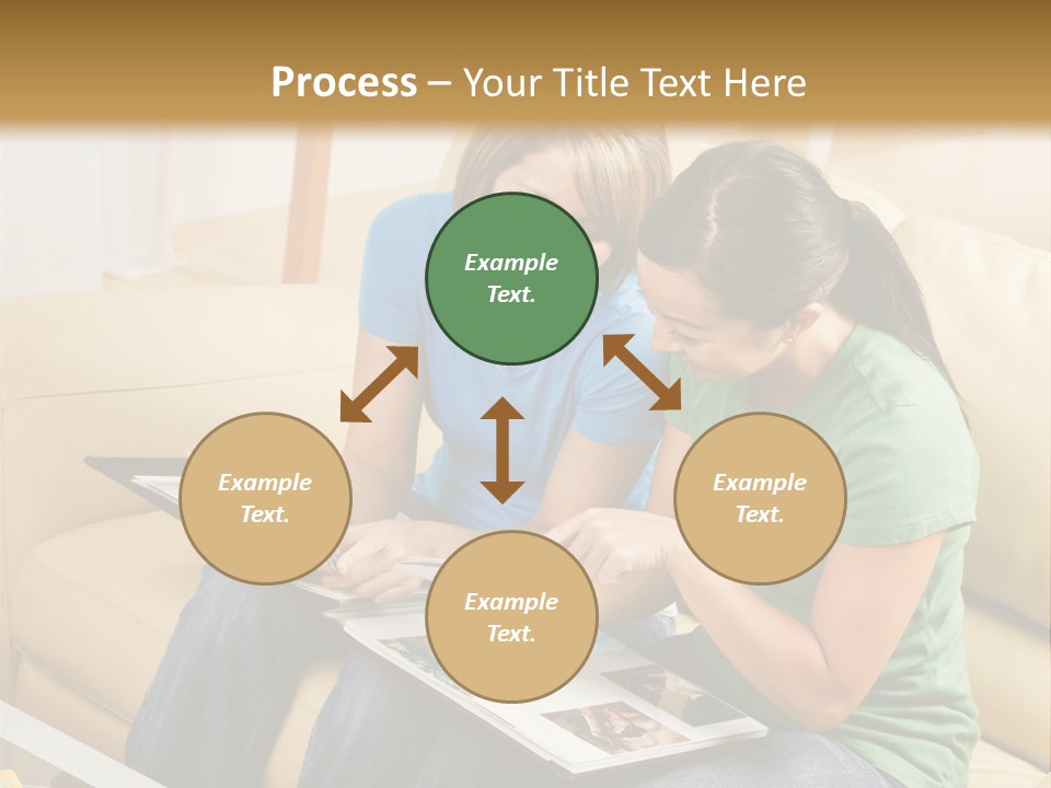 Two Women Sitting On A Couch Looking At A Magazine PowerPoint Template