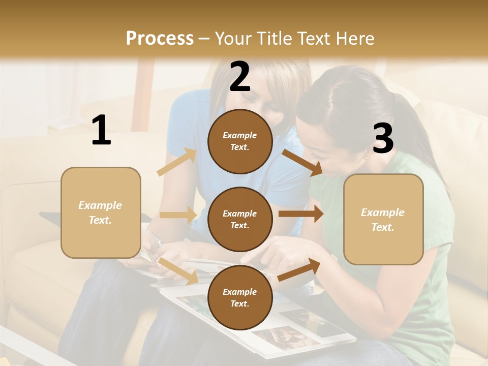 Two Women Sitting On A Couch Looking At A Magazine PowerPoint Template