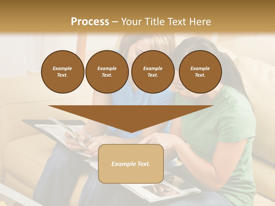 Two Women Sitting On A Couch Looking At A Magazine PowerPoint Template