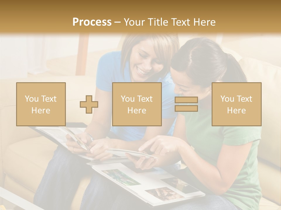 Two Women Sitting On A Couch Looking At A Magazine PowerPoint Template