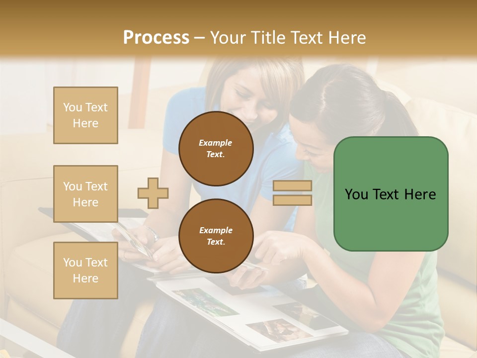 Two Women Sitting On A Couch Looking At A Magazine PowerPoint Template