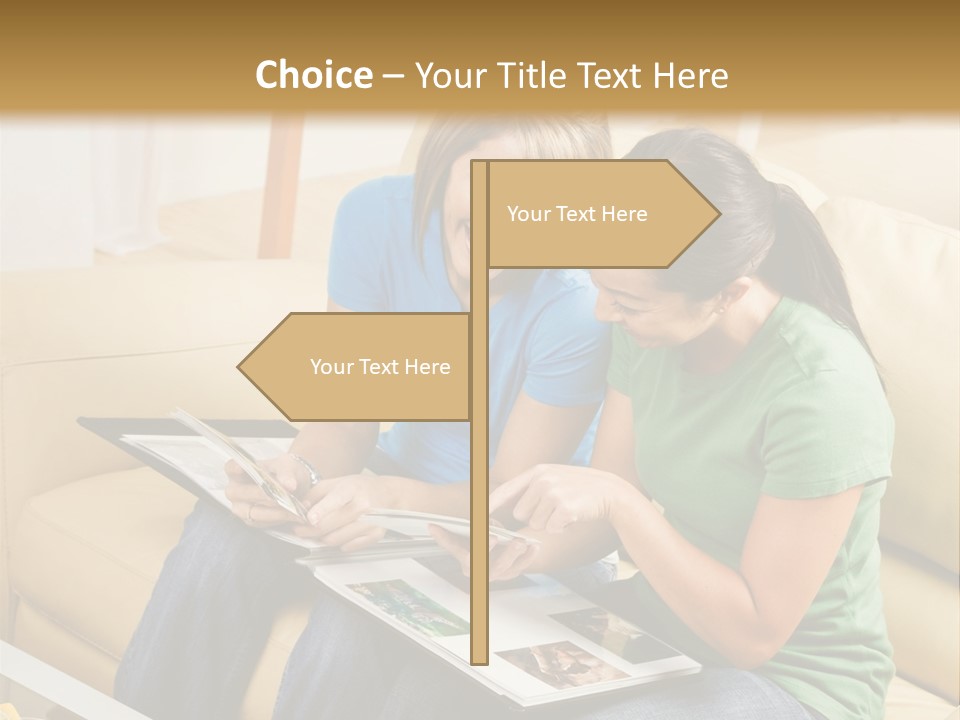 Two Women Sitting On A Couch Looking At A Magazine PowerPoint Template
