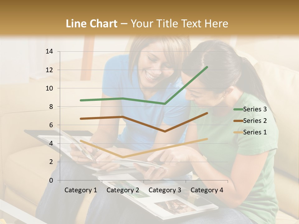 Two Women Sitting On A Couch Looking At A Magazine PowerPoint Template