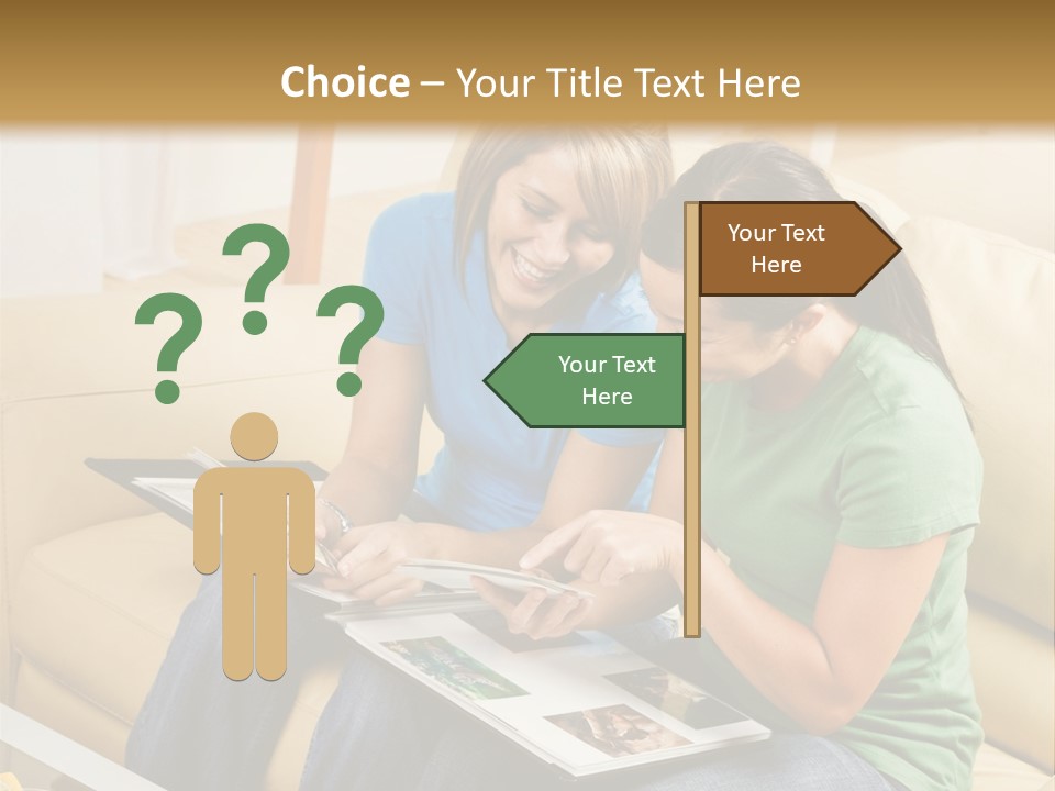 Two Women Sitting On A Couch Looking At A Magazine PowerPoint Template