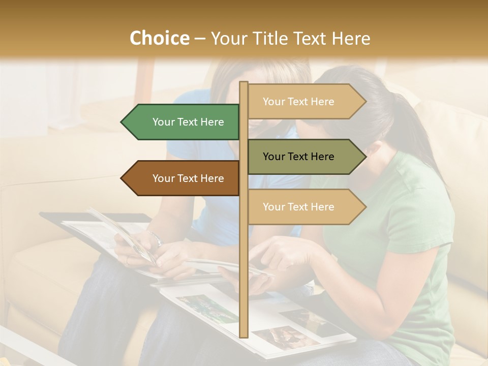 Two Women Sitting On A Couch Looking At A Magazine PowerPoint Template