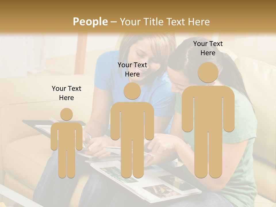 Two Women Sitting On A Couch Looking At A Magazine PowerPoint Template