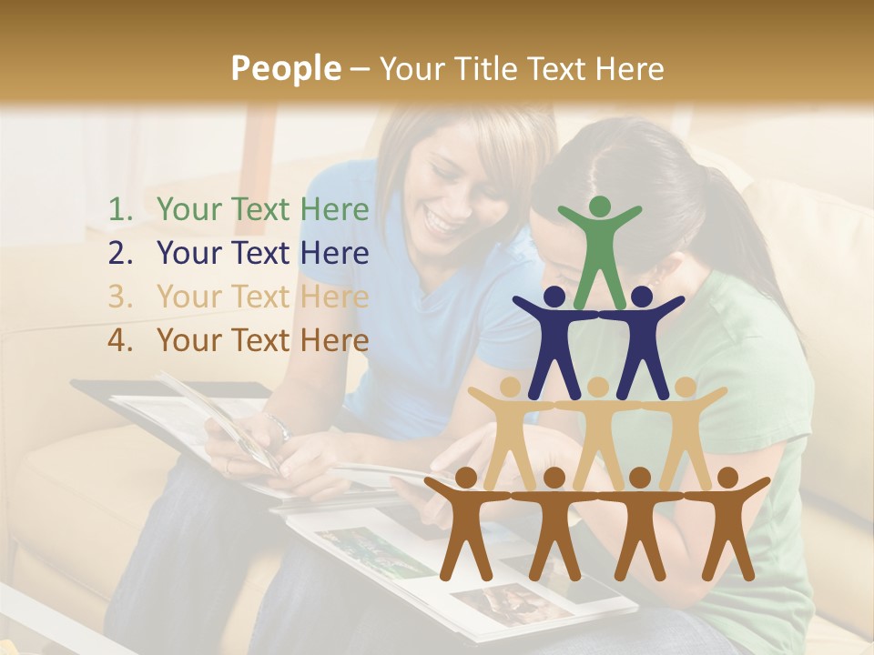 Two Women Sitting On A Couch Looking At A Magazine PowerPoint Template