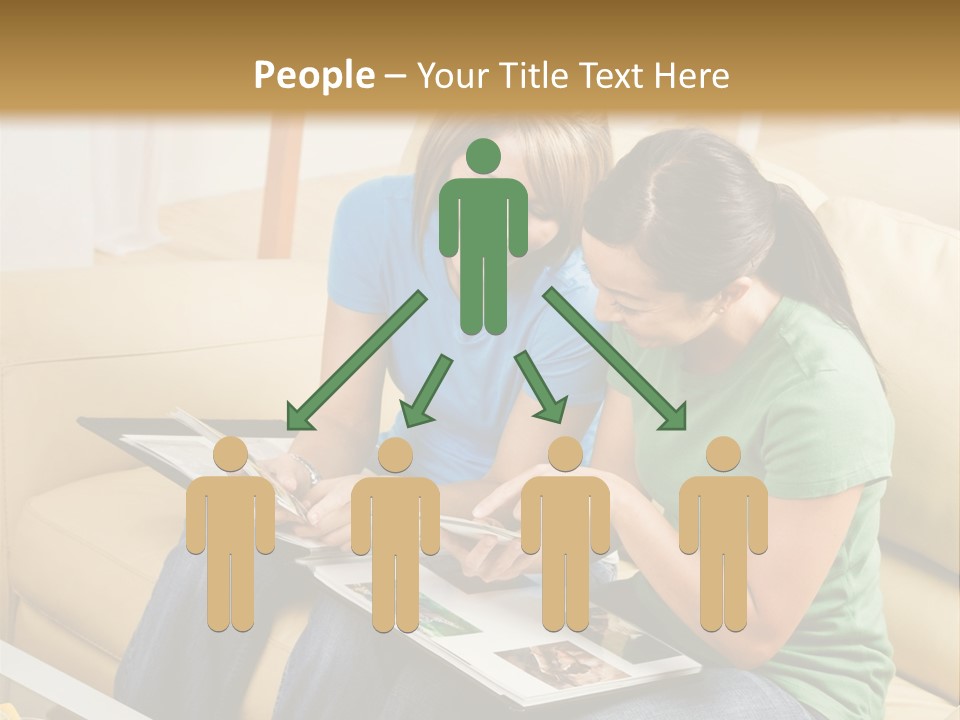 Two Women Sitting On A Couch Looking At A Magazine PowerPoint Template