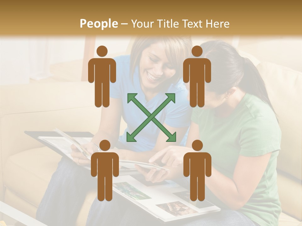 Two Women Sitting On A Couch Looking At A Magazine PowerPoint Template