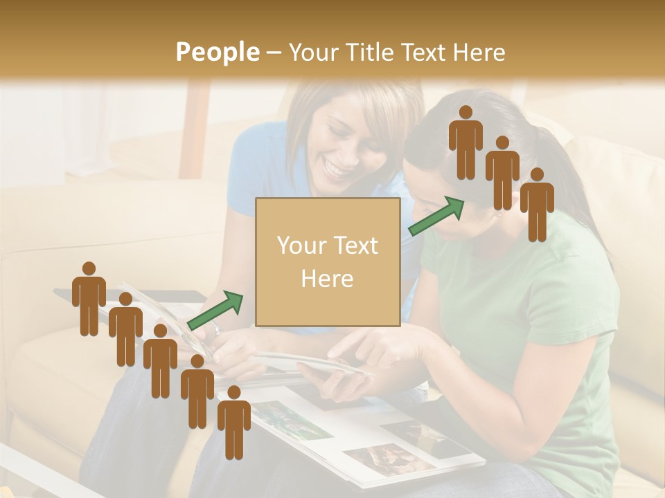 Two Women Sitting On A Couch Looking At A Magazine PowerPoint Template