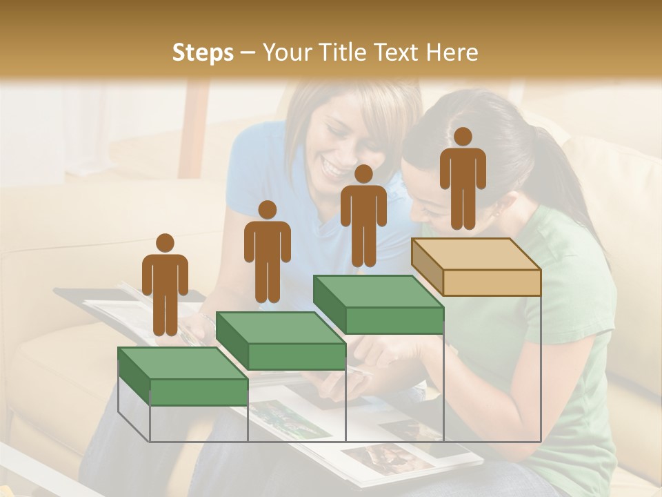 Two Women Sitting On A Couch Looking At A Magazine PowerPoint Template