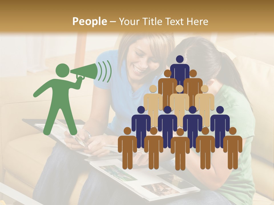 Two Women Sitting On A Couch Looking At A Magazine PowerPoint Template