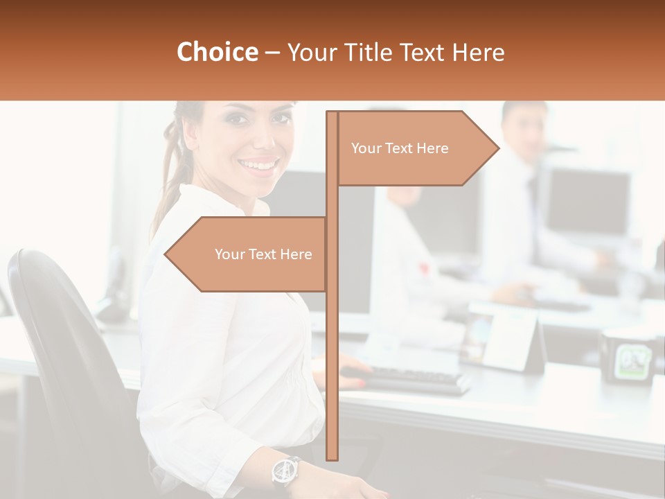 A Woman Sitting At A Desk In An Office PowerPoint Template