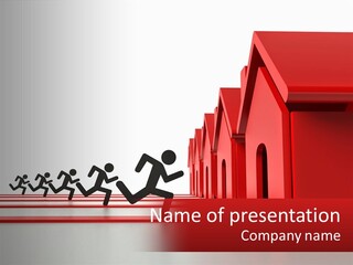 A Group Of People Running Towards A Red House PowerPoint Template