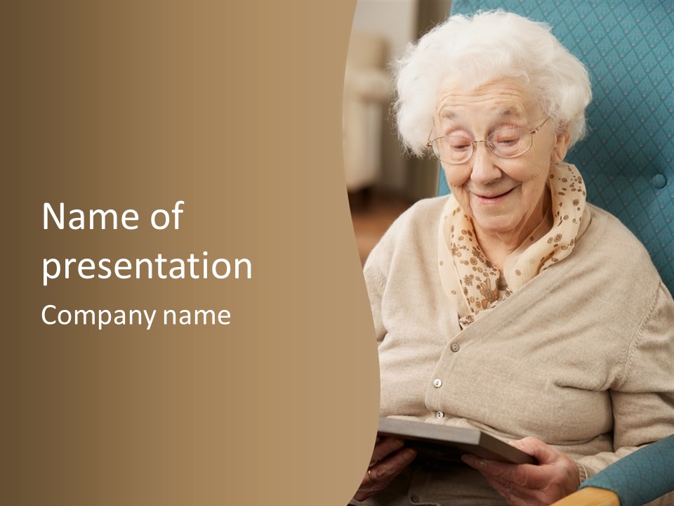 An Elderly Woman Sitting In A Chair Reading A Book PowerPoint Template