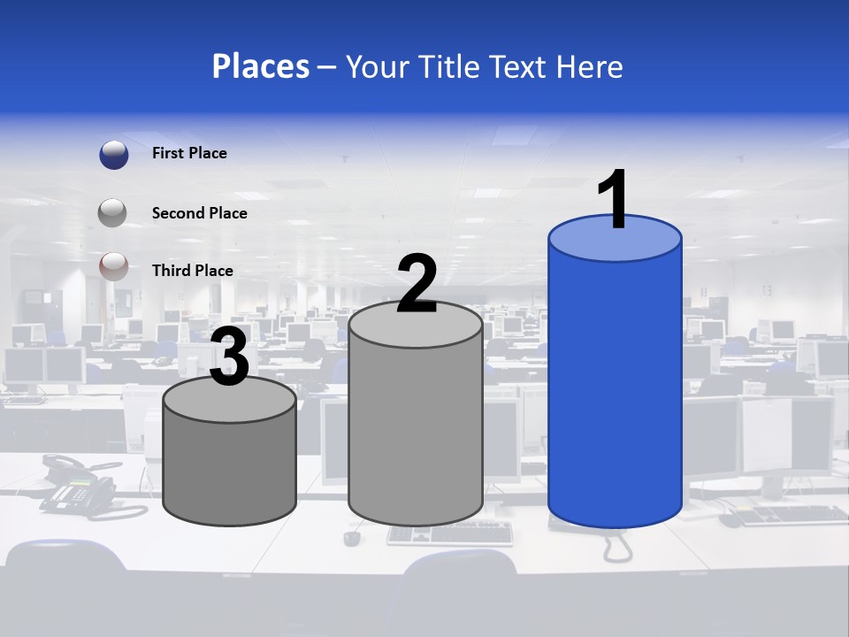A Room Full Of Computer Monitors And Keyboards PowerPoint Template