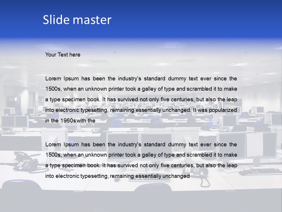 A Room Full Of Computer Monitors And Keyboards PowerPoint Template