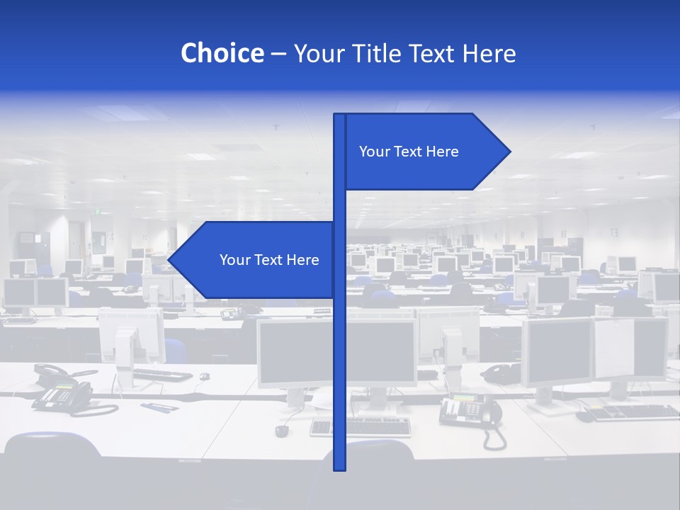 A Room Full Of Computer Monitors And Keyboards PowerPoint Template