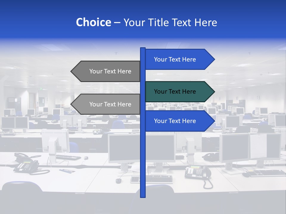 A Room Full Of Computer Monitors And Keyboards PowerPoint Template