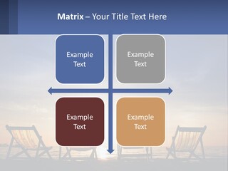 Two Chairs Sitting On A Beach With The Sun Setting In The Background PowerPoint Template