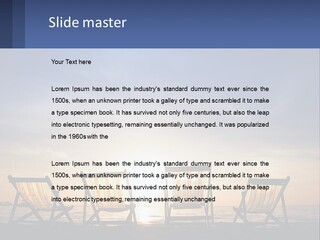 Two Chairs Sitting On A Beach With The Sun Setting In The Background PowerPoint Template