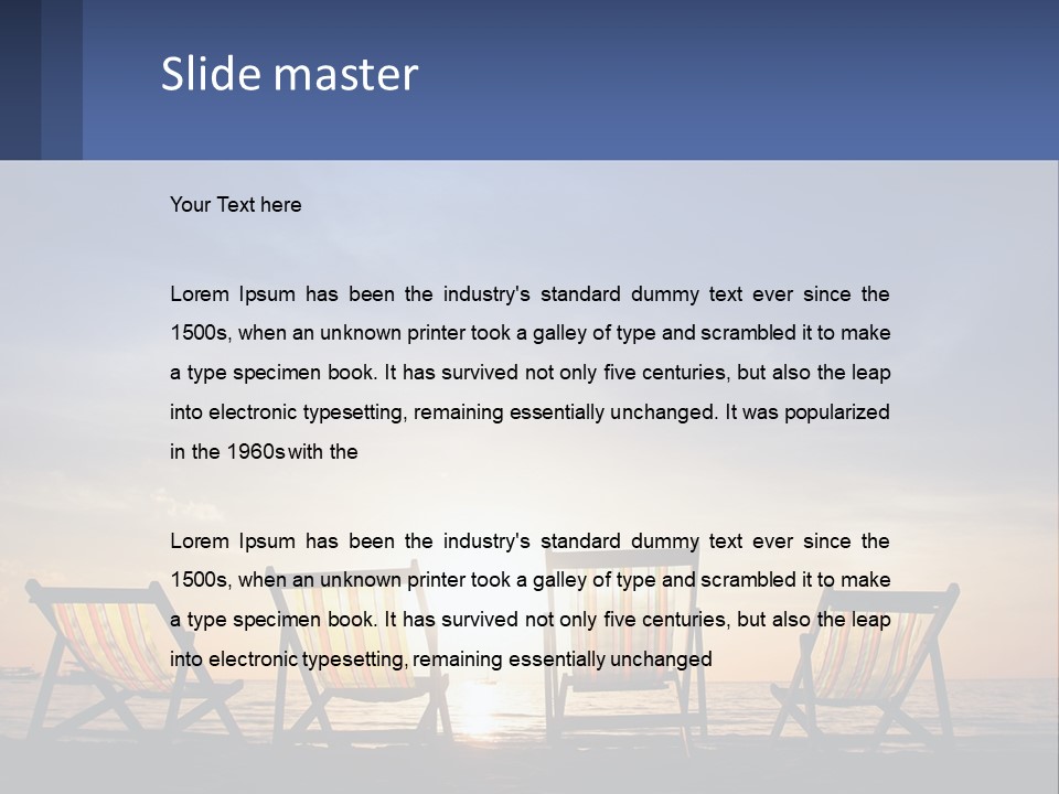 Two Chairs Sitting On A Beach With The Sun Setting In The Background PowerPoint Template