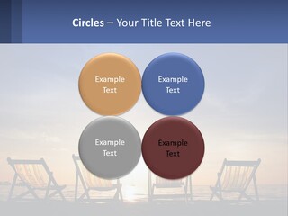 Two Chairs Sitting On A Beach With The Sun Setting In The Background PowerPoint Template