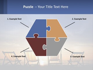 Two Chairs Sitting On A Beach With The Sun Setting In The Background PowerPoint Template