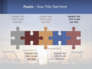 Two Chairs Sitting On A Beach With The Sun Setting In The Background PowerPoint Template