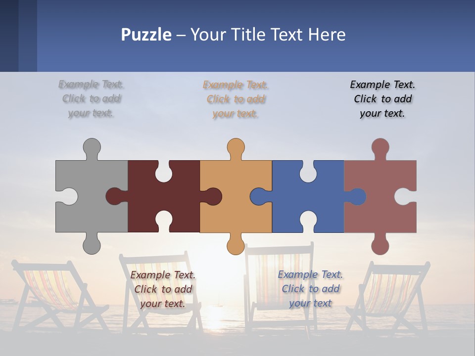 Two Chairs Sitting On A Beach With The Sun Setting In The Background PowerPoint Template