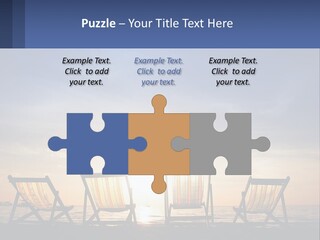 Two Chairs Sitting On A Beach With The Sun Setting In The Background PowerPoint Template