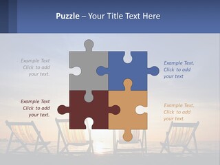 Two Chairs Sitting On A Beach With The Sun Setting In The Background PowerPoint Template