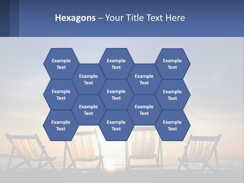 Two Chairs Sitting On A Beach With The Sun Setting In The Background PowerPoint Template