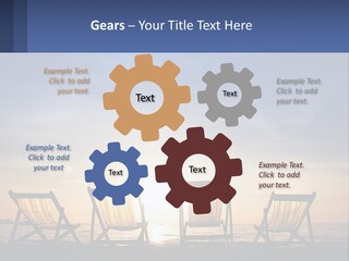 Two Chairs Sitting On A Beach With The Sun Setting In The Background PowerPoint Template