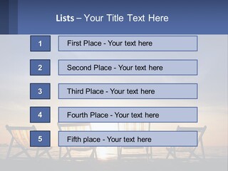 Two Chairs Sitting On A Beach With The Sun Setting In The Background PowerPoint Template