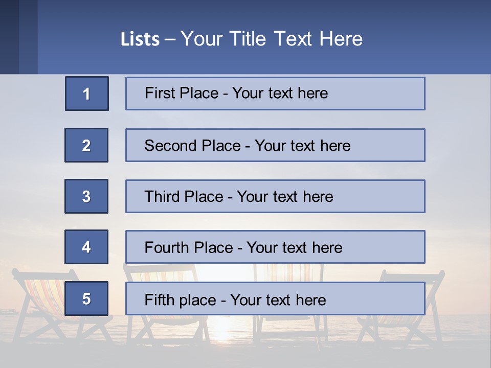 Two Chairs Sitting On A Beach With The Sun Setting In The Background PowerPoint Template