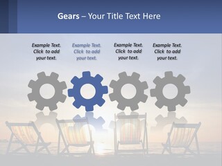 Two Chairs Sitting On A Beach With The Sun Setting In The Background PowerPoint Template
