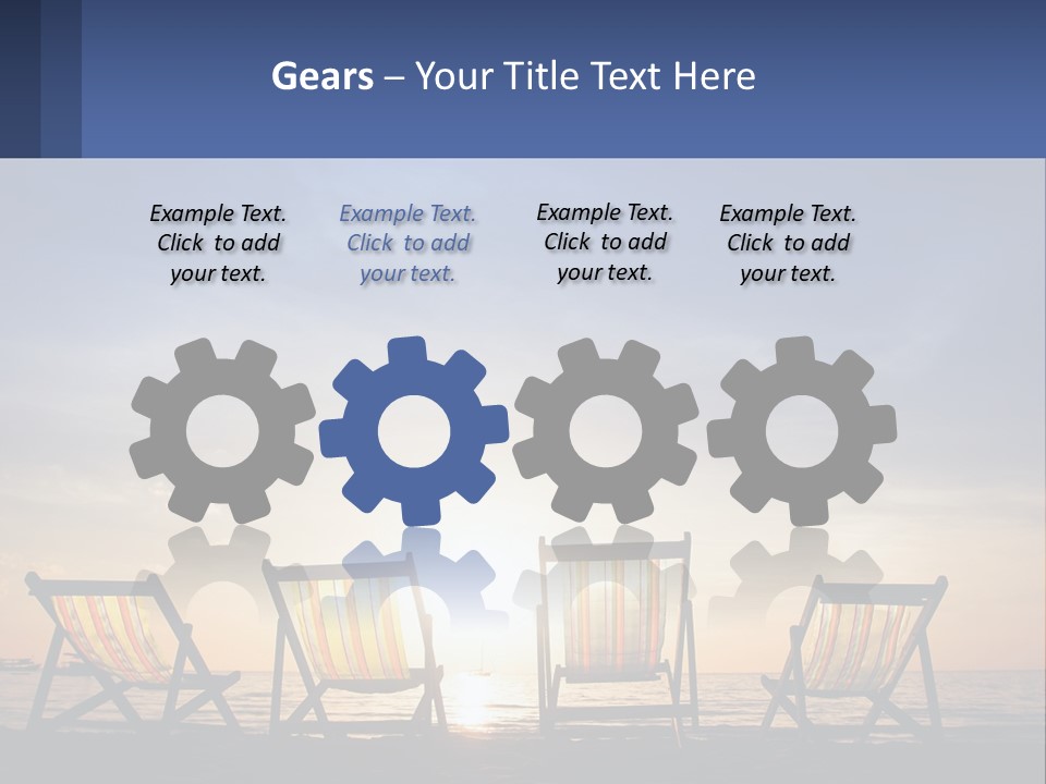 Two Chairs Sitting On A Beach With The Sun Setting In The Background PowerPoint Template