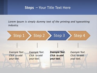 Two Chairs Sitting On A Beach With The Sun Setting In The Background PowerPoint Template