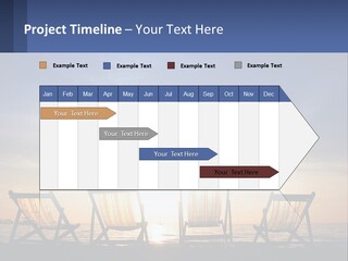 Two Chairs Sitting On A Beach With The Sun Setting In The Background PowerPoint Template
