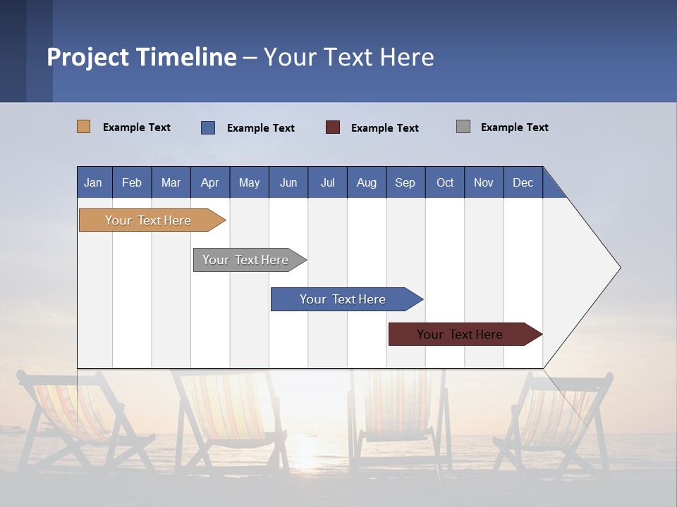Two Chairs Sitting On A Beach With The Sun Setting In The Background PowerPoint Template