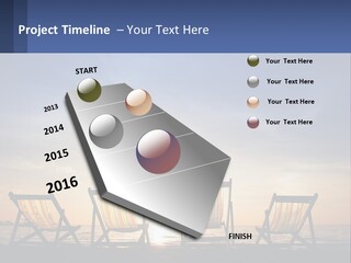 Two Chairs Sitting On A Beach With The Sun Setting In The Background PowerPoint Template