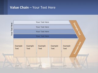 Two Chairs Sitting On A Beach With The Sun Setting In The Background PowerPoint Template