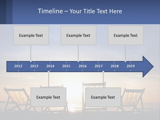 Two Chairs Sitting On A Beach With The Sun Setting In The Background PowerPoint Template