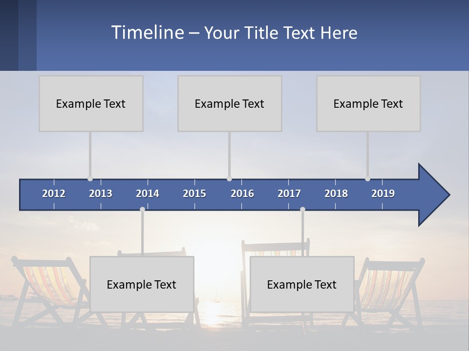 Two Chairs Sitting On A Beach With The Sun Setting In The Background PowerPoint Template